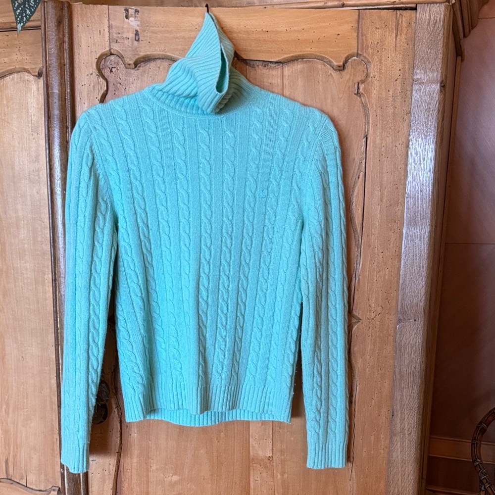 Ralph Lauren cashmere turtle neck.  Cable Knit Turtleneck Sweater - Teal Green